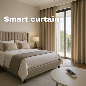 A luxury bedroom with beige motorized curtains partially opening automatically using a remote control on a table.